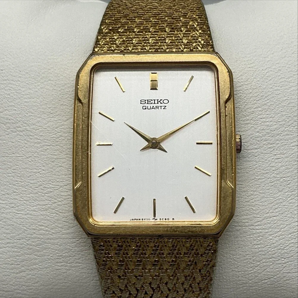 Vintage Seiko Mens Watch 25mm Tank Gold Tone 5Y30-5849 New Battery 7